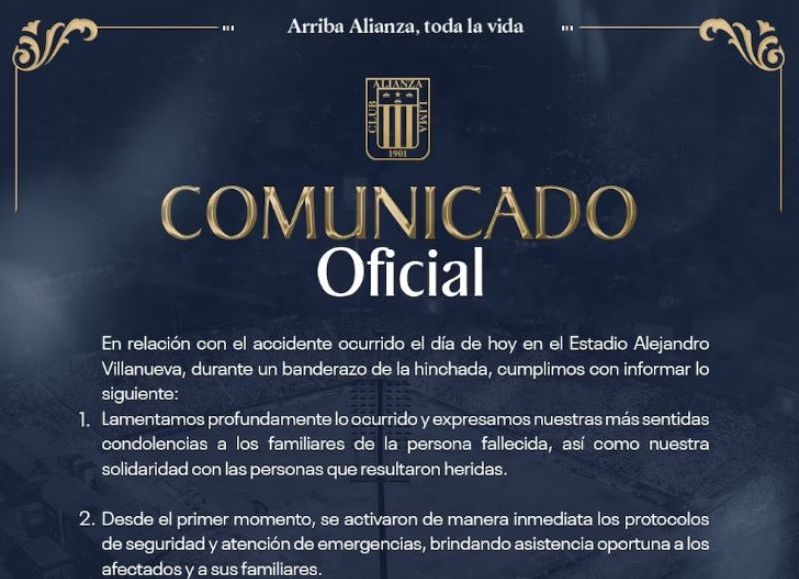 Comunicado de Alianza Lima: descartan fallas estructurales tras la muerte en el banderazo